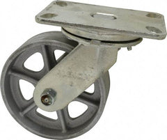 Albion - 6" Diam x 2" Wide x 7-1/2" OAH Top Plate Mount Swivel Caster - Cast Iron, 1,200 Lb Capacity, Roller Bearing, 4-1/2 x 6-1/4" Plate - Eagle Tool & Supply