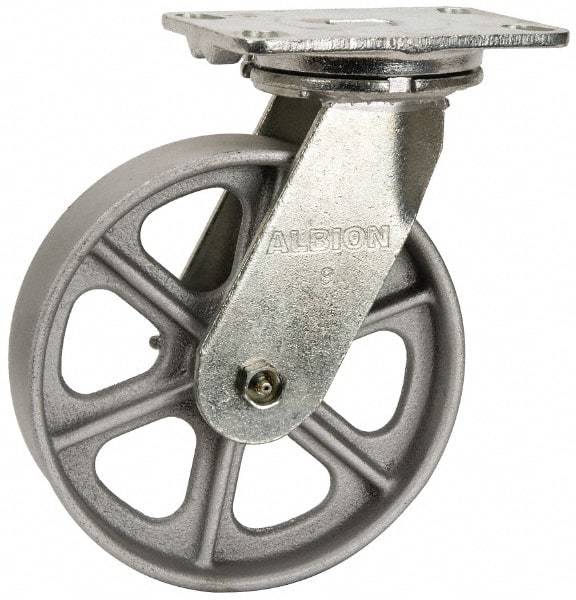 Albion - 8" Diam x 2" Wide x 10-1/8" OAH Top Plate Mount Swivel Caster - Cast Iron, 1,400 Lb Capacity, Roller Bearing, 4-1/2 x 6-1/4" Plate - Eagle Tool & Supply