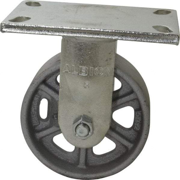 Albion - 5" Diam x 2" Wide x 6-1/2" OAH Top Plate Mount Rigid Caster - Cast Iron, 1,000 Lb Capacity, Roller Bearing, 5 x 6-1/4" Plate - Eagle Tool & Supply