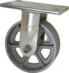 Albion - 6" Diam x 2" Wide x 7-1/2" OAH Top Plate Mount Rigid Caster - Cast Iron, 1,200 Lb Capacity, Roller Bearing, 5 x 6-1/4" Plate - Eagle Tool & Supply