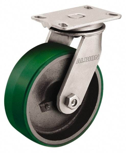 Albion - 10" Diam x 3" Wide x 11-1/2" OAH Top Plate Mount Swivel Caster - Polyurethane, 2,000 Lb Capacity, Roller Bearing, 4-1/2 x 6-1/4" Plate - Eagle Tool & Supply