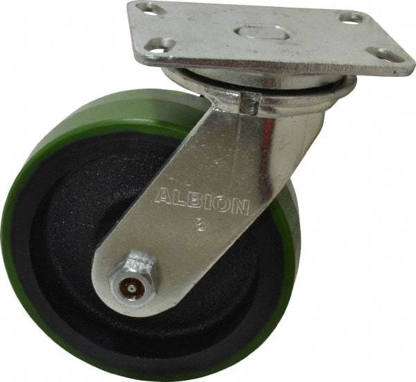 Albion - 8" Diam x 2-1/2" Wide x 10-1/8" OAH Top Plate Mount Swivel Caster - Polyurethane, 2,000 Lb Capacity, Roller Bearing, 4-1/2 x 6-1/4" Plate - Eagle Tool & Supply