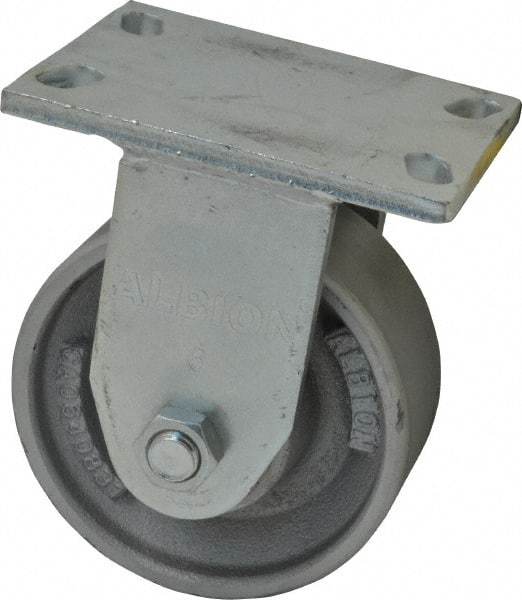 Albion - 6" Diam x 2-1/2" Wide x 7-5/8" OAH Top Plate Mount Rigid Caster - Cast Iron, 2,000 Lb Capacity, Roller Bearing, 5 x 6-1/4" Plate - Eagle Tool & Supply