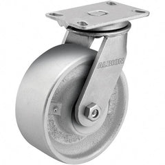 Albion - 8" Diam x 3" Wide x 10-1/8" OAH Top Plate Mount Rigid Caster - Cast Iron, 2,000 Lb Capacity, Roller Bearing, 5 x 6-1/4" Plate - Eagle Tool & Supply