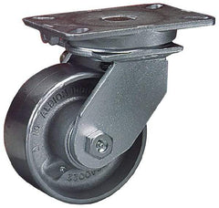 Albion - 8" Diam x 3" Wide x 10-1/2" OAH Top Plate Mount Rigid Caster - Cast Iron, 2,800 Lb Capacity, Roller Bearing, 5 x 7-1/4" Plate - Eagle Tool & Supply