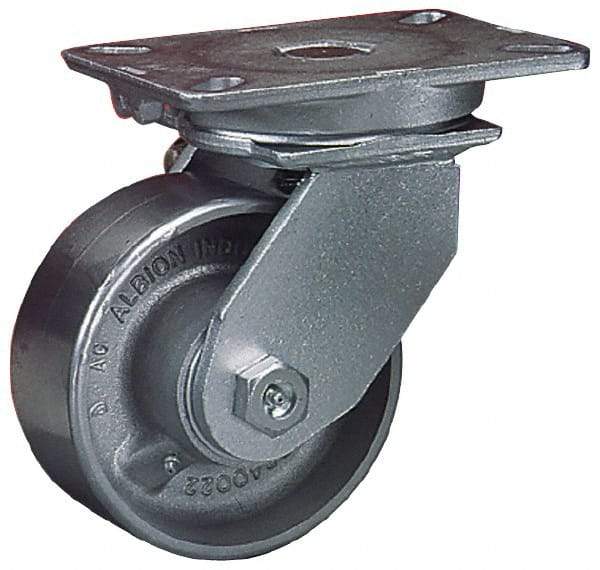 Albion - 8" Diam x 3" Wide x 10-1/2" OAH Top Plate Mount Swivel Caster - Cast Iron, 2,800 Lb Capacity, Roller Bearing, 5-1/4 x 7-1/4" Plate - Eagle Tool & Supply