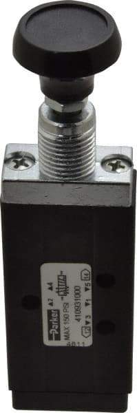 Parker - 0.20 CV Rate, 1/8" NPT Inlet Direct Air 2 Mechanical Spool Valve - 4 Way, 2 Position, 150 Max psi, Button Push Pull - Eagle Tool & Supply