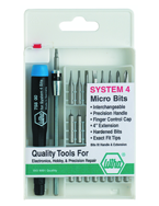 27 Piece - System 4 Micro Bit Interchangeable Set - #75991 - Includes: Handle and Slotted; Phillips; Torx®; Hex Inch Micro Bits. 105mm Bit Extension - In Compact Fold Out Box - Eagle Tool & Supply