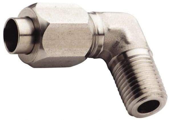 Made in USA - 1" Tube OD, 37° Stainless Steel Flared Tube Male Elbow - 3/4-14 NPTF, Flare x MNPTF Ends - Eagle Tool & Supply