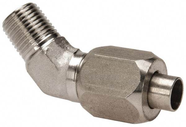 Made in USA - 5/8" Tube OD, 37° Stainless Steel Flared Tube Male 45° Elbow - 1/2-14 NPTF, Flare x MNPTF Ends - Eagle Tool & Supply