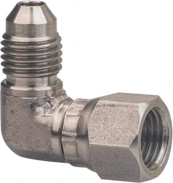Made in USA - 1" Tube OD, 37° Stainless Steel Flared Tube Female Elbow - 1-5/16-12 UNF, Flared to Female JIC Swivel , 90° Ends - Eagle Tool & Supply