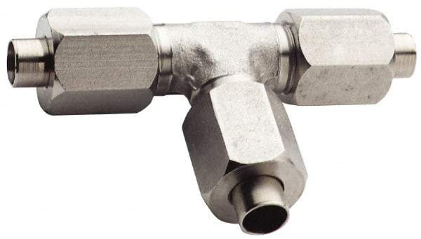 Made in USA - 1" Tube OD, 37° Stainless Steel Flared Tube Union Tee - 1-5/16-12 UNF, Flare x Flare x Flare Ends - Eagle Tool & Supply