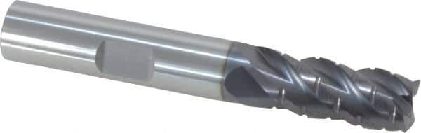 ProMax - 3/8" Diam, 7/8" LOC, 4 Flute Solid Carbide Roughing & Finishing Corner Radius End Mill - AlTiN Finish, 2-1/2" OAL, 3/8" Shank Diam, Weldon Shank, 40° Helix, Centercutting, Regular Length - Eagle Tool & Supply