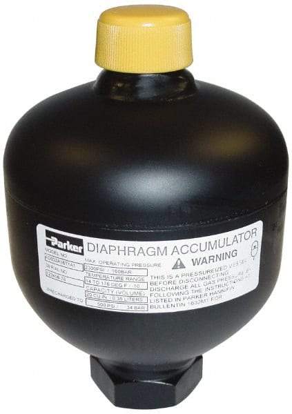 Parker - 120 Lb. Capacity, 3,620 psi Max Working Pressure, 9.88" High, Hydrin Diaphragm Accumulator - 6.14" Diam, 8 SAE Port Thread - Eagle Tool & Supply