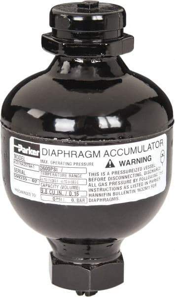 Parker - 10 Lb. Capacity, 3,620 psi Max Working Pressure, 4.69" High, Hydrin Diaphragm Accumulator - 2.95" Diam, 6 SAE Port Thread - Eagle Tool & Supply