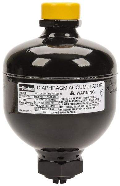 Parker - 30 Lb. Capacity, 3,045 psi Max Working Pressure, 5.94" High, Hydrin Diaphragm Accumulator - 4.2" Diam, 8 SAE Port Thread - Eagle Tool & Supply