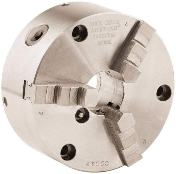 Buck Chuck Company - 3 Jaws, 12" Diam, Self Centering Manual Lathe Chuck - Front Mount, Adjustable, 2,300 Max RPM, 4.14" Through Hole Diam, Forged Steel - Eagle Tool & Supply