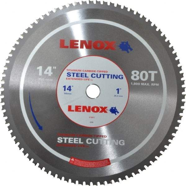 Lenox - 14" Diam, 1" Arbor Hole Diam, 80 Tooth Wet & Dry Cut Saw Blade - Titanium Carbide-Tipped, General Purpose Action, Standard Round Arbor - Eagle Tool & Supply