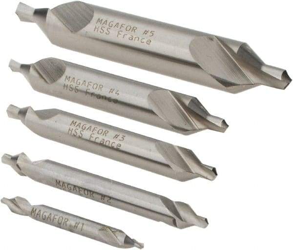 Magafor - 5 Piece, #1 to 5, 1/8 to 7/16" Body Diam, 3/64 to 3/16" Point Diam, Plain Edge, High Speed Steel Combo Drill & Countersink Set - 60° Incl Angle, 0.067 to 0.256" Point Length, 1/8 to 2-3/4" OAL, Double End, 115 Series Compatibility - Eagle Tool & Supply