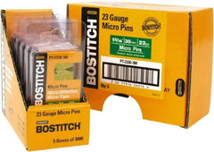 Stanley Bostitch - 23 Gauge 0.0281" Shank Diam 1-3/16" Long Pin Nails for Power Nailers - Steel, Bright Finish, Smooth Shank, Straight Stick Adhesive Collation, Round Head, Diamond Point - Eagle Tool & Supply