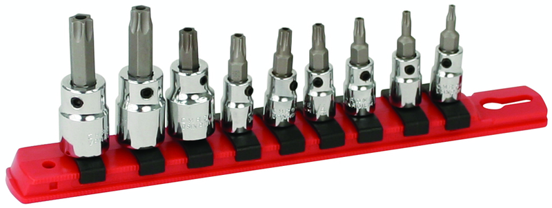 1/4" Drive: T10s; T15s; T20s; T27s; T30s and 3/8" T40s (1/4" Bit) and 3/8" T45s; T50s (5/16" Bit) on rail - Square Drive Replaceable Bit - Security Torx Bit Socket Set - Eagle Tool & Supply