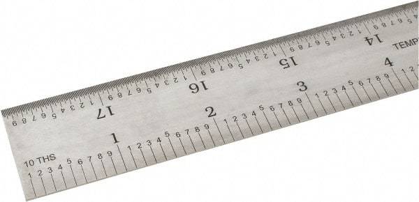 SPI - 18" Long, 1/100, 1/10" and 0.5, 1mm Graduation, Rigid Steel Rule - Decimal/Metric Graduation Style, 1-1/8" Wide, Silver, Satin Chrome Finish - Eagle Tool & Supply