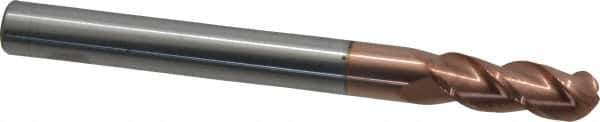 Accupro - 3/8" Diam, 1" LOC, 3 Flute Solid Carbide Ball End Mill - TiCN Finish, Single End, 4" OAL, 3/8" Shank Diam, Spiral Flute - Eagle Tool & Supply
