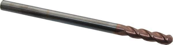 Accupro - 3/8" Diam, 1-1/2" LOC, 3 Flute Solid Carbide Ball End Mill - TiCN Finish, Single End, 6" OAL, 3/8" Shank Diam, Spiral Flute - Eagle Tool & Supply