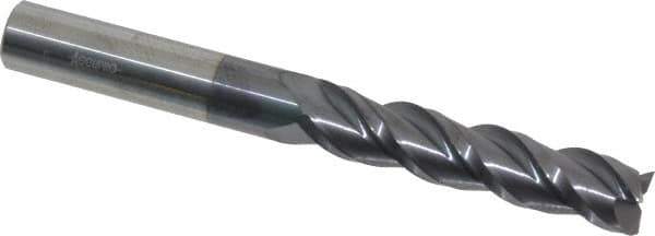 Accupro - 7/16", 2" LOC, 7/16" Shank Diam, 4" OAL, 3 Flute, Solid Carbide Square End Mill - Single End, AlTiN Finish, Spiral Flute, 40° Helix, Centercutting, Right Hand Cut, Right Hand Flute - Eagle Tool & Supply