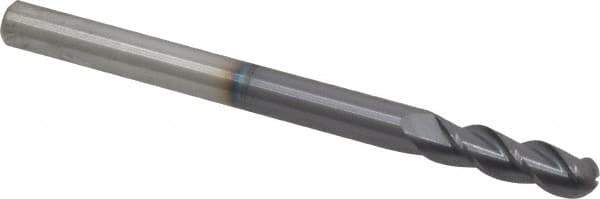 Accupro - 5/16" Diam, 1" LOC, 3 Flute Solid Carbide Ball End Mill - AlTiN Finish, Single End, 4" OAL, 5/16" Shank Diam, Spiral Flute - Eagle Tool & Supply