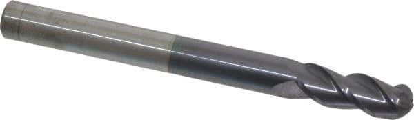 Accupro - 3/8" Diam, 1" LOC, 3 Flute Solid Carbide Ball End Mill - AlTiN Finish, Single End, 4" OAL, 3/8" Shank Diam, Spiral Flute - Eagle Tool & Supply