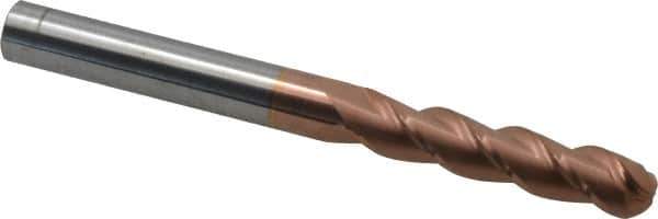Accupro - 3/8" Diam, 1-3/4" LOC, 3 Flute Solid Carbide Ball End Mill - TiCN Finish, Single End, 4" OAL, 3/8" Shank Diam, Spiral Flute - Eagle Tool & Supply