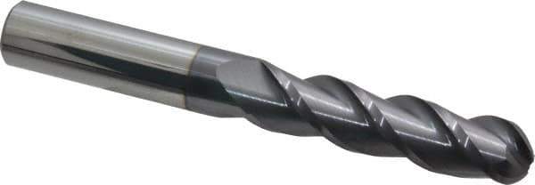 Accupro - 1/2" Diam, 2" LOC, 3 Flute Solid Carbide Ball End Mill - AlTiN Finish, Single End, 4" OAL, 1/2" Shank Diam, Spiral Flute - Eagle Tool & Supply