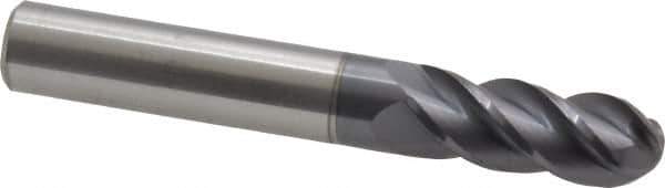 Accupro - 10mm Diam, 25mm LOC, 4 Flute Solid Carbide Ball End Mill - AlTiN Finish, Single End, 70mm OAL, 10mm Shank Diam, Spiral Flute - Eagle Tool & Supply