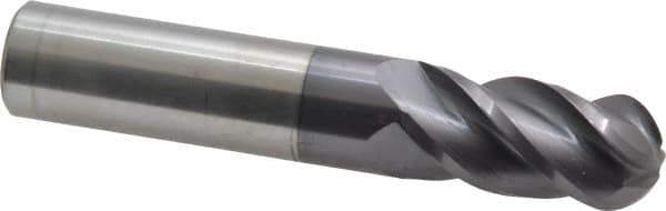 Accupro - 16mm Diam, 32mm LOC, 4 Flute Solid Carbide Ball End Mill - AlTiN Finish, Single End, 89mm OAL, 16mm Shank Diam, Spiral Flute - Eagle Tool & Supply