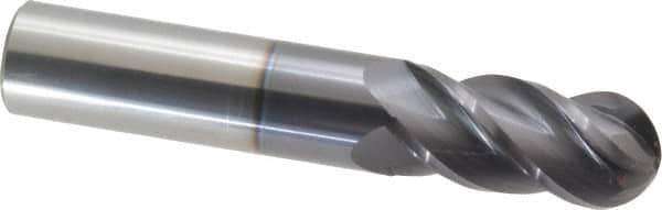 Accupro - 18mm Diam, 38mm LOC, 4 Flute Solid Carbide Ball End Mill - AlTiN Finish, Single End, 101mm OAL, 18mm Shank Diam, Spiral Flute - Eagle Tool & Supply
