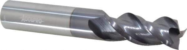 Accupro - 9/16", 1-1/4" LOC, 9/16" Shank Diam, 3-1/2" OAL, 3 Flute, Solid Carbide Square End Mill - Single End, AlTiN Finish, Spiral Flute, 40° Helix, Centercutting, Right Hand Cut, Right Hand Flute - Eagle Tool & Supply