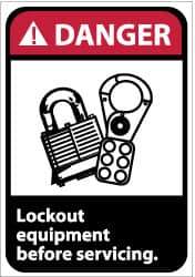 NMC - Accident Prevention Label, Header: DANGER - Legend: Danger - Lock Out Equipment Before Servicing, English, Red, Black & White, 5" Long x 3" High, Sign Muscle Finish - Eagle Tool & Supply