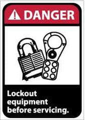 NMC - Accident Prevention Label, Header: DANGER - Legend: Danger - Lock Out Equipment Before Servicing, English, Red, Black & White, 5" Long x 3" High, Sign Muscle Finish - Eagle Tool & Supply
