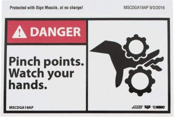NMC - Accident Prevention Label, Header: DANGER - Legend: Danger - Pinch Points - Watch Your Hands, English, Red, Black & White, 5" Long x 3" High, Sign Muscle Finish - Eagle Tool & Supply