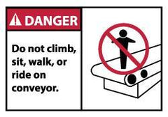 NMC - Accident Prevention Label, Header: DANGER - Legend: Danger - Do Not Climb Sit Walk or Ride on Conveyor, English, Red, Black & White, 5" Long x 3" High, Sign Muscle Finish - Eagle Tool & Supply