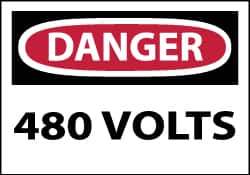 NMC - Accident Prevention Label, Header: DANGER - Legend: Danger - 480 Volts, English, Red, Black & White, 5" Long x 3" High, Sign Muscle Finish - Eagle Tool & Supply