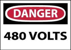 NMC - Accident Prevention Label, Header: DANGER - Legend: Danger - 480 Volts, English, Red, Black & White, 5" Long x 3" High, Sign Muscle Finish - Eagle Tool & Supply
