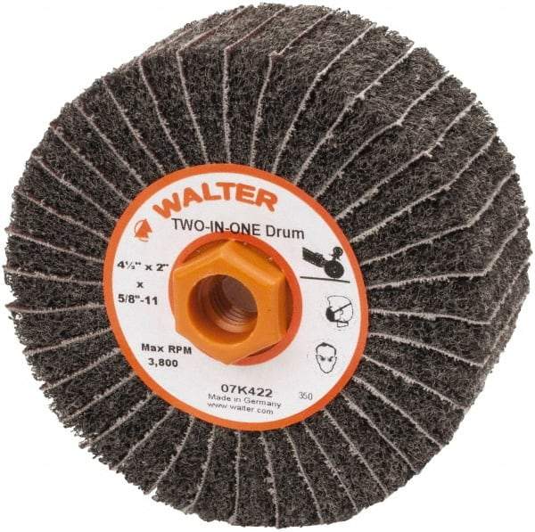 WALTER Surface Technologies - 4-1/2" Diam, 150 Grit Aluminum Oxide Unmounted Flap Wheel - 5/8" Hole, 5/8-11 Thread, 2" Wide, Nonwoven & Coated, Fine Grade, 3,800 Max RPM - Eagle Tool & Supply