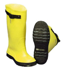 Dunlop Protective Footwear - Men's 7 (Women's 9) Rain & Cold Resistant Overboots - 17" High, Plain Toe, Self Cleaning & Cleated Sole, PVC Upper, Yellow, Adjustable Polyester Strap, Buckles & Snaps - Eagle Tool & Supply