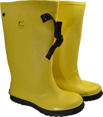 Dunlop Protective Footwear - Men's 11 Rain & Cold Resistant Overboots - 17" High, Plain Toe, Self Cleaning & Cleated Sole, PVC Upper, Yellow, Adjustable Polyester Strap, Buckles & Snaps - Eagle Tool & Supply