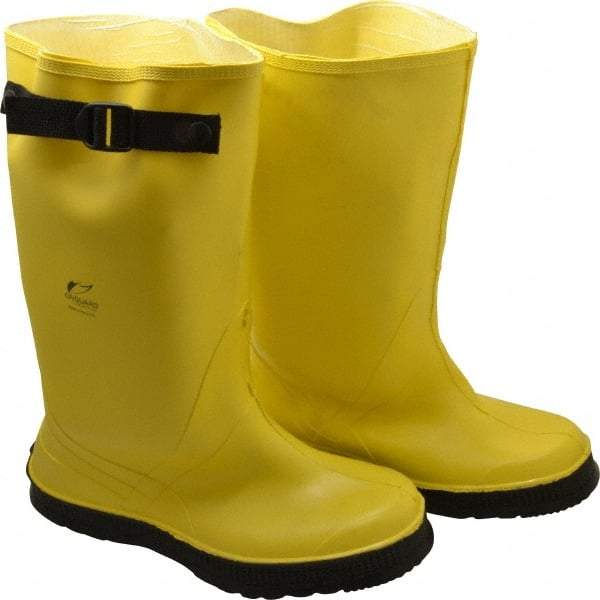 Dunlop Protective Footwear - Men's 13 Rain & Cold Resistant Overboots - 17" High, Plain Toe, Self Cleaning & Cleated Sole, PVC Upper, Yellow, Adjustable Polyester Strap, Buckles & Snaps - Eagle Tool & Supply