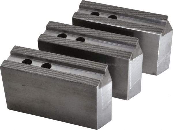 H & R Manufacturing - 1.5mm x 60° Serrated Attachment, Square Soft Lathe Chuck Jaw - 3 Jaws, Steel, 1.181" Btw Mount Hole Ctrs, 6-1/4" Long x 2" Wide x 3-1/2" High, 0.71" Groove, 14mm Fastener - Eagle Tool & Supply