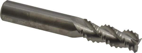 M.A. Ford - 3/8" Diam, Coarse Pitch, 7/8" LOC, 3 Flute Solid Carbide Roughing Square End Mill - Uncoated, 2-1/2" OAL, 3/8" Shank Diam, Single End, Centercutting, 45° Helix - Eagle Tool & Supply