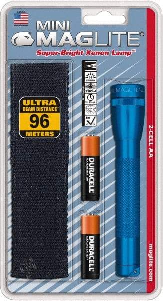 Mag-Lite - Krypton Bulb, 14 Lumens, Industrial/Tactical Flashlight - Blue Aluminum Body, 2 AA Alkaline Batteries Included - Eagle Tool & Supply